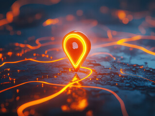 A glowing neon location pin sits on a dark, futuristic surface. The pin's neon glow creates a striking contrast against the dark background.