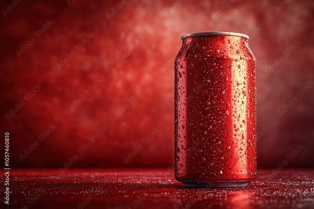Poster A close-up of a red beverage can with droplets on a matching background.