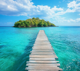 Obraz premium A wooden pier is in front of a beautiful blue ocean. The sky is cloudy, but the water is calm and clear.