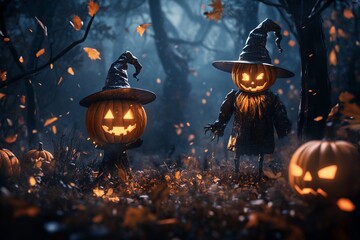 Spooky Scarecrows and Pumpkins in the Woods - AI generated illustration