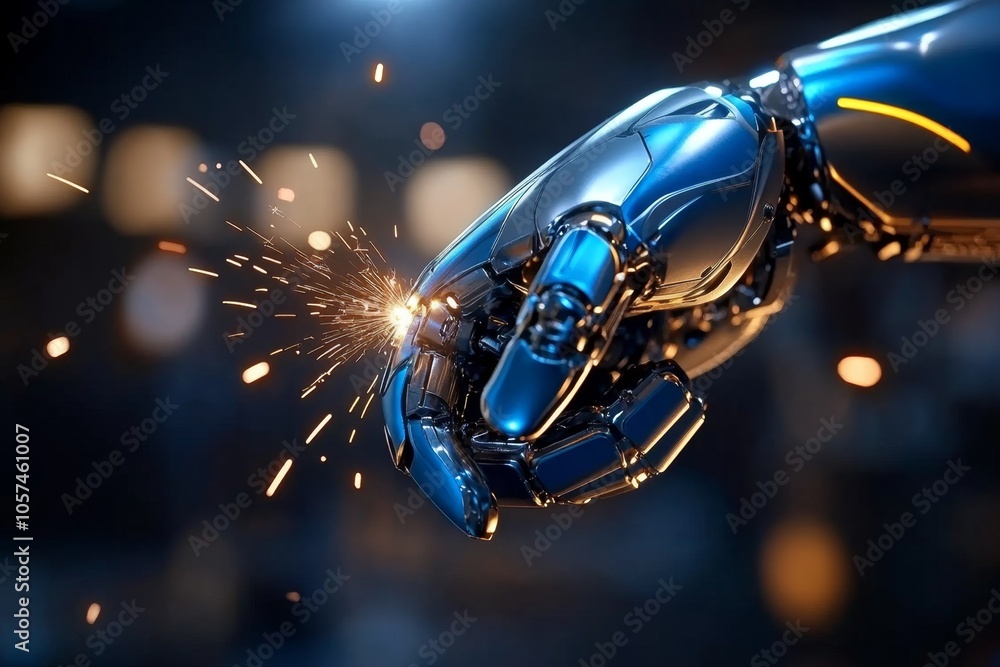Poster industrial robotic arm welding metal with sparks flying, showcasing the power and precision of moder