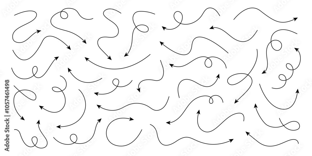 Wall mural set of squiggle line arrows. simple line hand drawn curved vector arrows icons