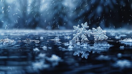 Several melting snowflakes on a glass surface
