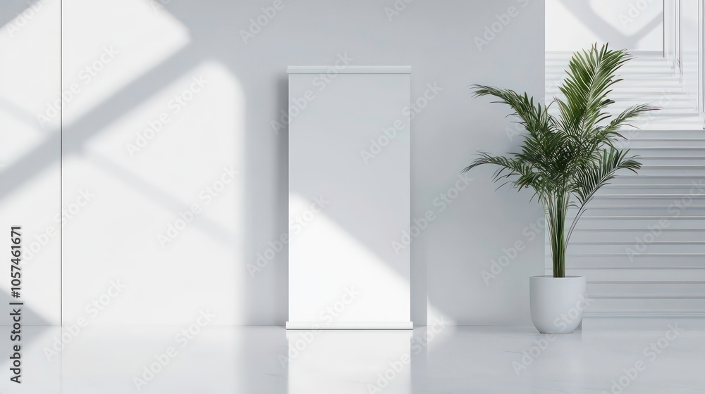 Poster this white roll-up banner template stands in the lobby next to the stairs. blank advertisement mocku