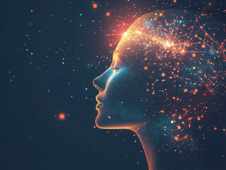 A digital illustration of a woman's profile, with glowing lines and dots, radiating from her head, representing ideas, thoughts, and creativity.