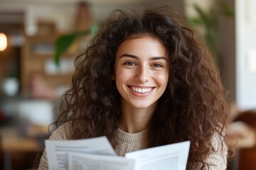 A cheerful woman with long, curly hair is smiling and holding various documents in a bright, sunlit room filled with plants and a relaxing atmosphere.