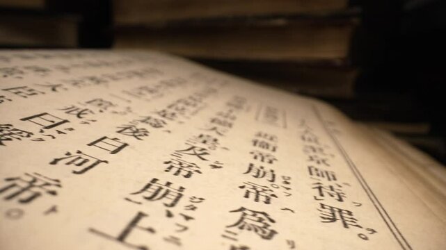 Macro slider view through tunnel pages Japan old history book. Eastern Authentic script. Japanese hieroglyphs, calligraphy concept. Rare timeless literature. Treasures