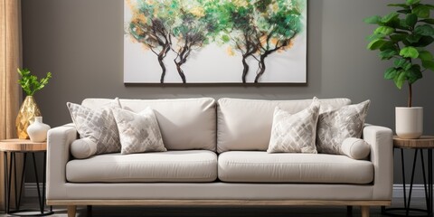 Neutral Living Room Interior Featuring a Comfortable Sofa with Throw Pillows and a Modern Canvas Art Piece