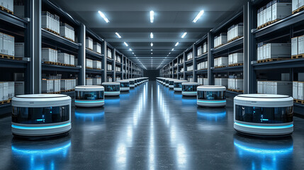 Obraz premium Autonomous Warehouse Robots: A futuristic vision of streamlined logistics, showcasing rows of automated robots navigating a vast warehouse facility, enhancing efficiency and optimizing operations. 