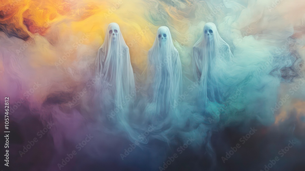 Poster ethereal figures shrouded in mist, creating a mystical and haunting atmosphere.