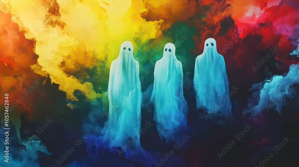 Poster three ghostly figures are floating in a colorful, abstract background