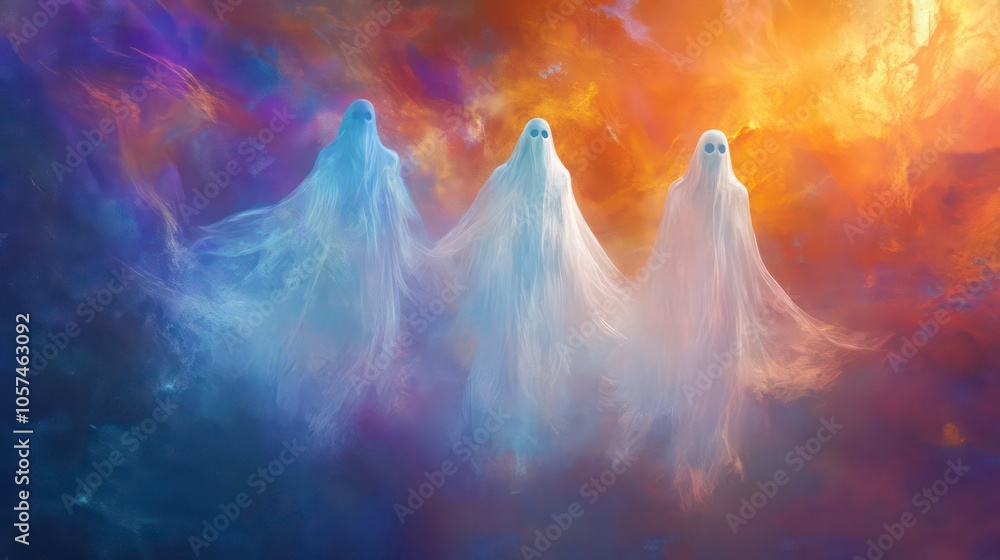 Poster three ghostly figures are floating in a colorful, abstract background