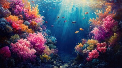 A vibrant underwater scene showcasing colorful coral reefs and tropical fish.