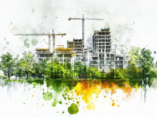 Construction cranes and buildings in an abstract watercolor style.