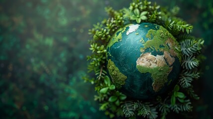 the Earth globe covered with green plants and trees, symbolizing ecological balance and care for the environment