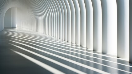 Obraz premium A series of arched white structures creates a corridor of light and shadow, casting long lines across the floor.
