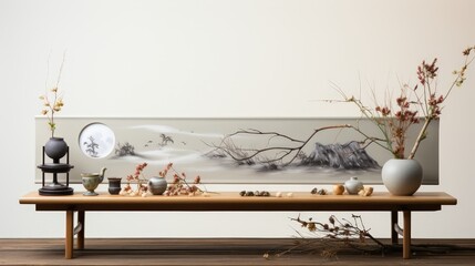 A minimalist still life with a wooden bench, ceramic vases, and a decorative panel featuring a mountain landscape in a traditional Asian style.