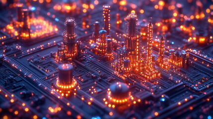 Obraz premium Cyberpunk Refinery: Glowing Metropolis of Industry 
