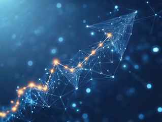 Abstract network of connected dots and lines forming an upward arrow, symbolizing growth and progress.