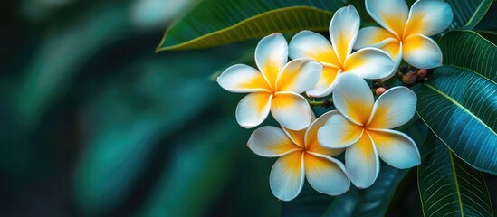 Obraz premium Frangipani Flowers Blooming On Green Leaves Background Closeup In The Garden