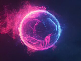 A swirling sphere of pink and blue light against a dark background.