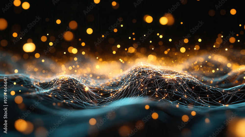 Poster abstract digital landscape with glowing particles and waves, creating mesmerizing visual effect that