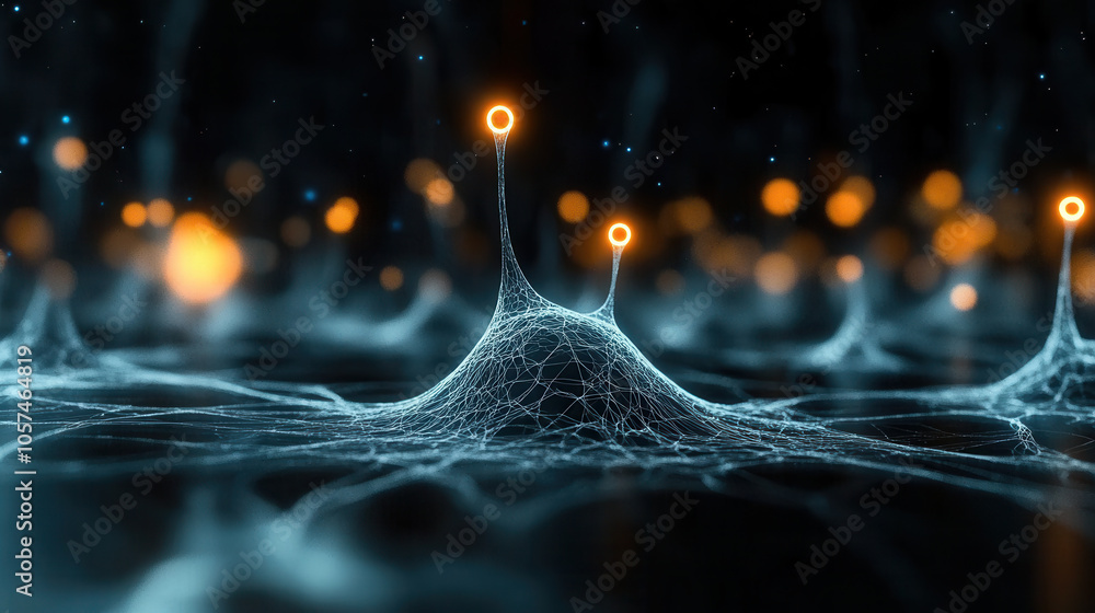 Poster captivating digital representation of neural connections with glowing nodes, showcasing intricate be