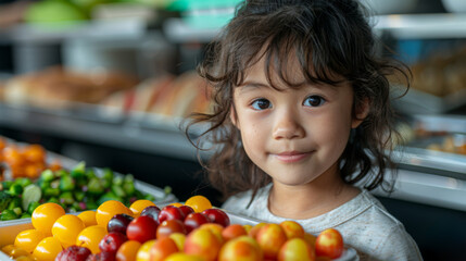 Healthy Lifestyle . Rainbow Method balanced eating. A scene of a child enjoying a rainbow bento box at school, representing the importance of teaching kids about healthy eating habits.
