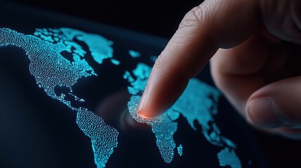 Finger touching a digital map of the world with blue dots on a dark background.
