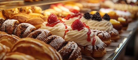 Display Of Delicious Pastries In A Italian Pastry