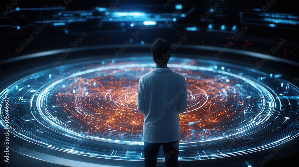 Poster person in lab coat stands before futuristic holographic display, observing intricate data visualizat