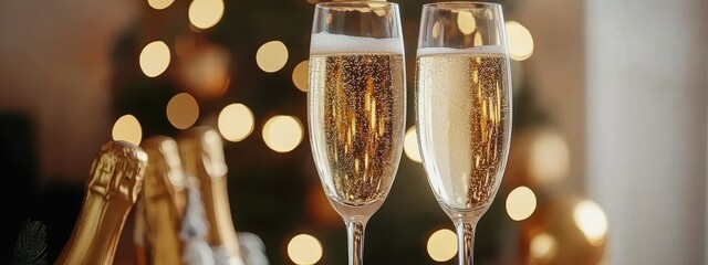 Champagne glasses on the table and New Year's decorations. Selective focus