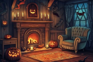 Obraz premium Halloween-themed cozy room interior with fireplace and pumpkins, AI generated illustration