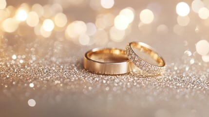 Elegant gold wedding rings displayed on a sparkling background featuring ample space for text