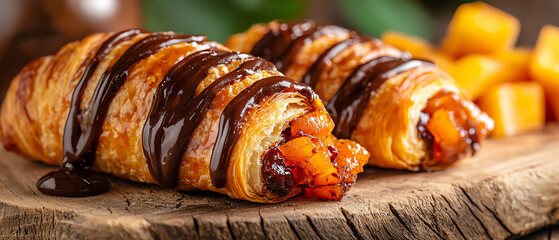 Indulge in the irresistible delight of chocolate-filled croissants with a gooey center a close-up delight for pastry lovers