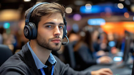 Focused Gamer: A young man with a determined gaze wears a headset and stares directly at the camera, ready to take on the challenge in a competitive gaming environment. The vibrant.