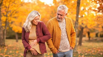 Fototapeta premium Senior couple walking in a park, woman touching her lower back in mild discomfort, outdoor autumn scene