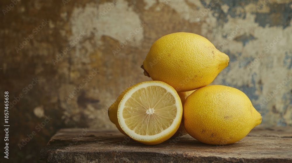 Poster stack of four fresh lemons one halved set against a rustic backdrop emphasizing a fresh and healthy 