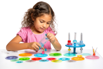 Young girl using a magnifying glass to inspect a DIY science experiment isolated on white background