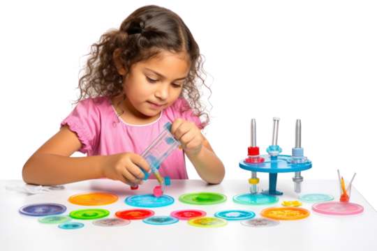 Young girl using a magnifying glass to inspect a DIY science experiment isolated on white background