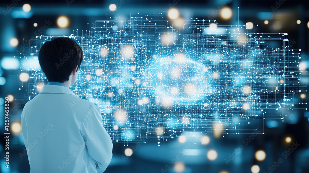 Aufkleber innovative doctor analyzing digital data visualization in modern lab. scene captures intersection of