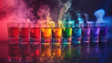 A line of shot glasses filled with vibrant liquids accompanied by swirling rainbow colored smoke creates a captivating visual effect