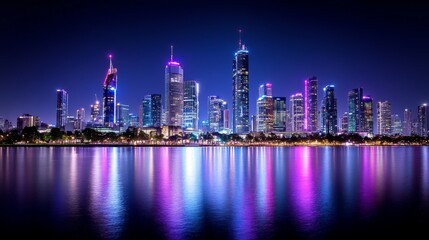 Obraz premium Night cityscape with illuminated skyscrapers and reflections in water