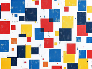 A colorful abstract painting with squares of red, yellow, and blue.