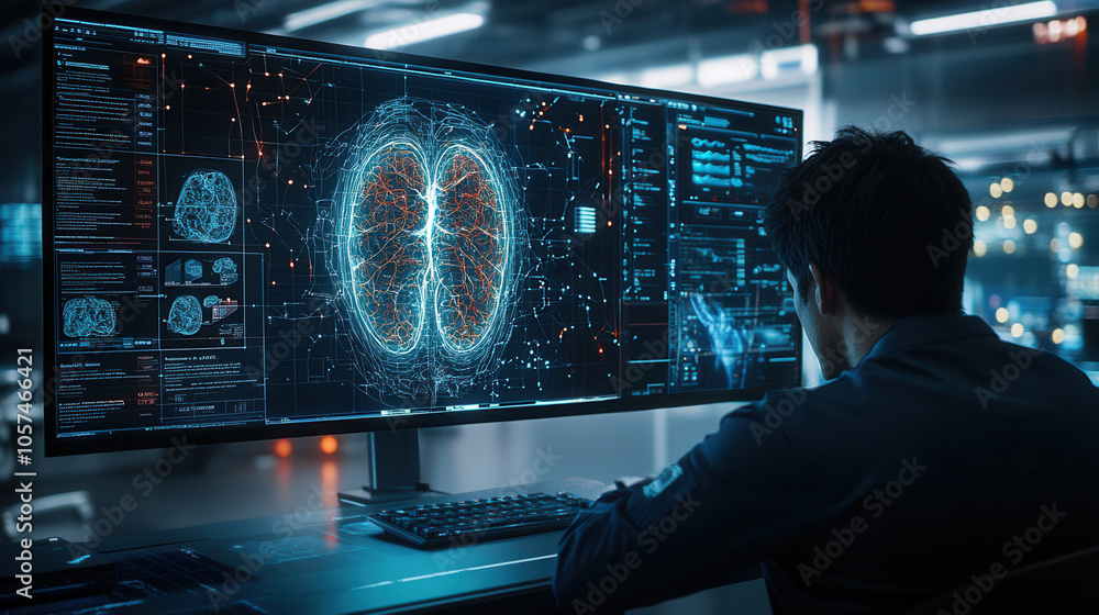 Poster person analyzing brain data on large screen in modern lab, showcasing advanced technology and digita