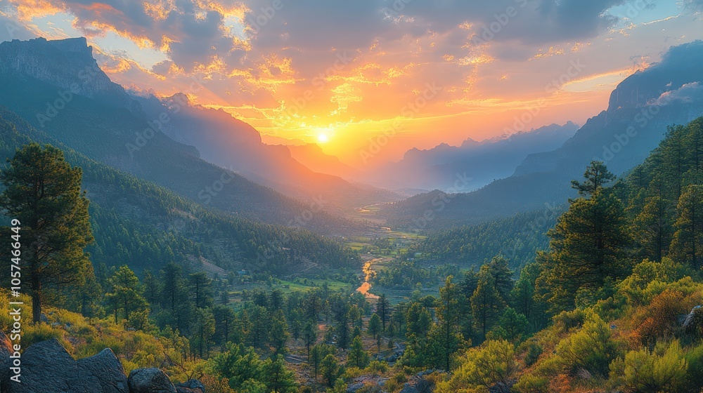 Poster a stunning view of a valley with a river flowing through it and a mountain range in the background. 