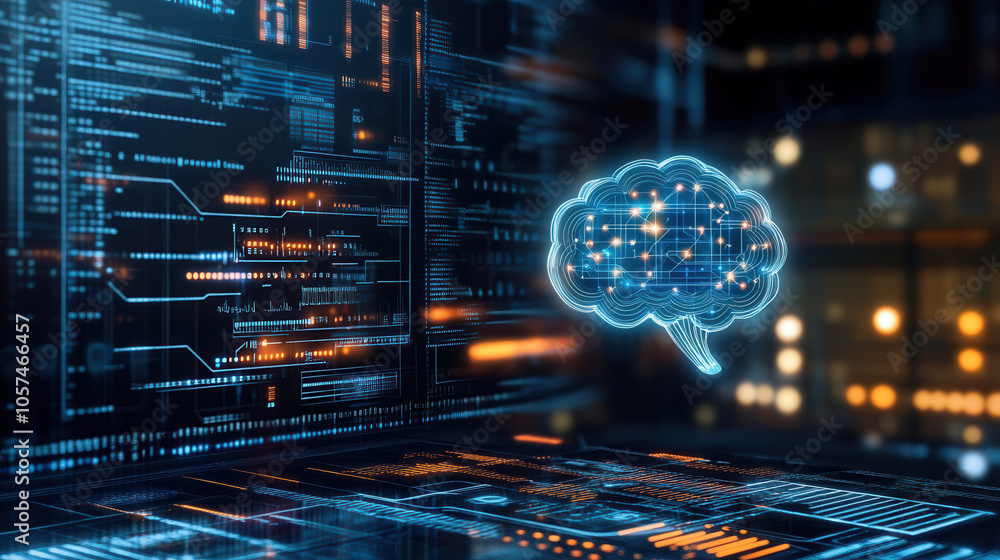 Poster digital illustration of brain symbolizing artificial intelligence and technology, surrounded by data