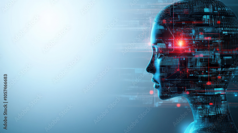 Poster digital representation of futuristic humanoid figure with glowing circuits, symbolizing automation a