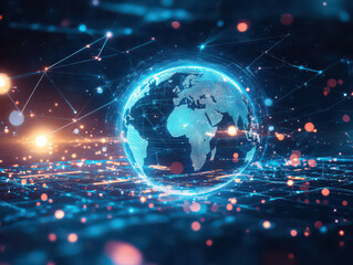 Obraz premium A glowing digital globe, connected by lines of code, symbolizes global connection and the digital age.