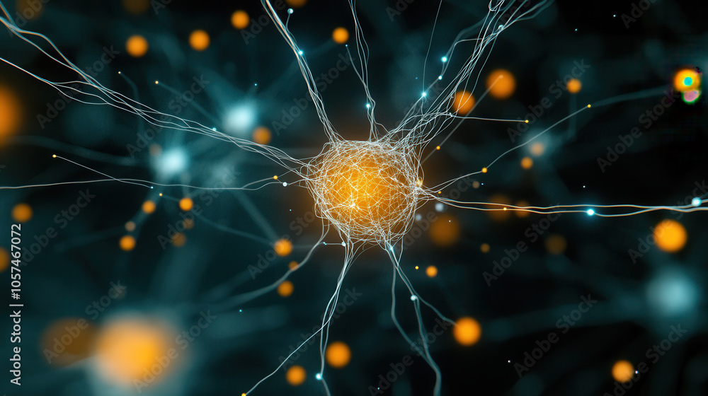 Poster vibrant digital illustration of interconnected neurons with glowing synapses, showcasing complexity 